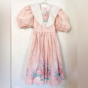 Vintage 80s Girls Prairie Cottagecore Dress Handmade Pink Floral Feminine M 8/10